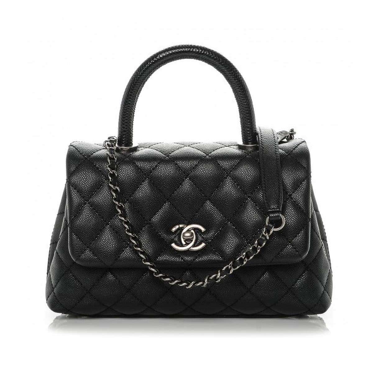 Chanel Coco Caviar Lizard Quilted Mini Flap Bag With Top Handle Black Lulux