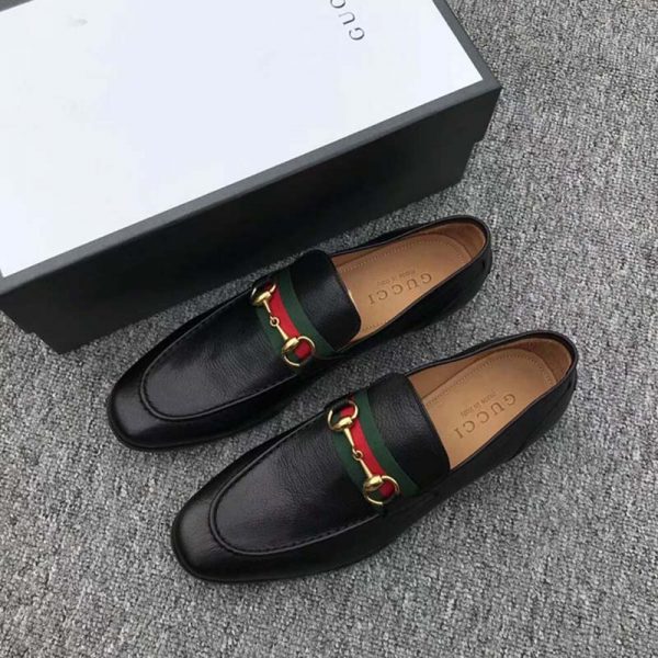 Gucci Men Horsebit Leather Loafer with Web Shoes Black - LULUX