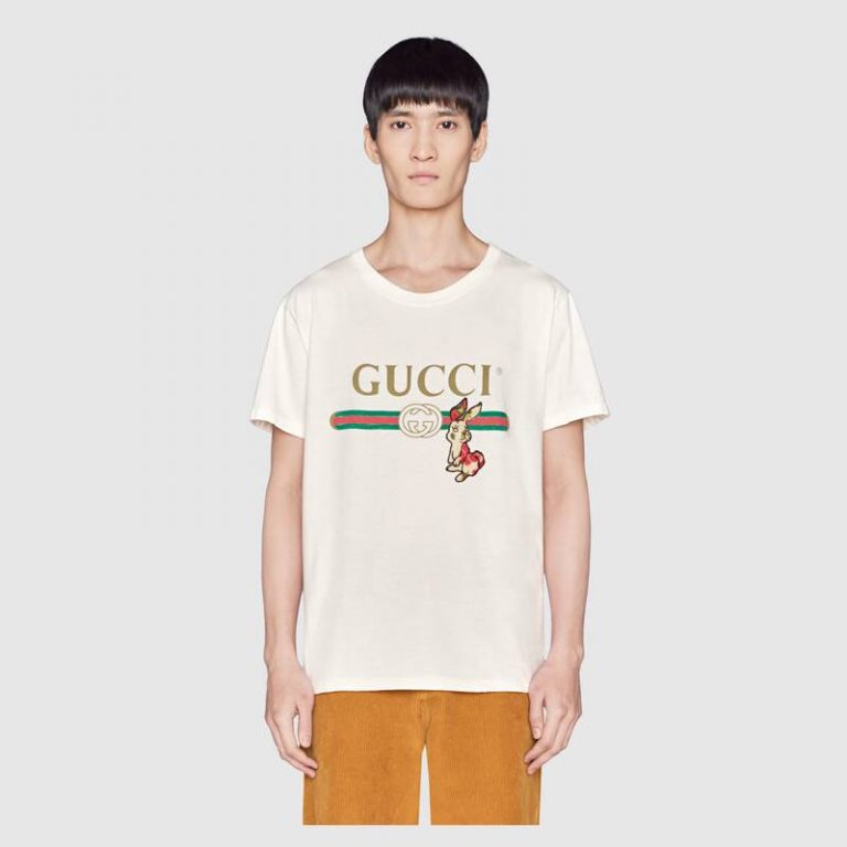 Gucci Men Oversize T-Shirt with Gucci Logo and Rabbit-Beige - LULUX