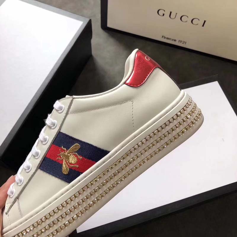 Gucci Women Ace Sneaker with Crystals White - LULUX