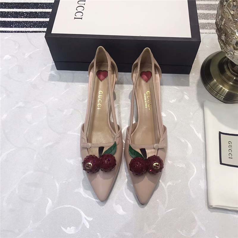 Gucci Women Leather Cherry Pump Shoes-Pink - LULUX