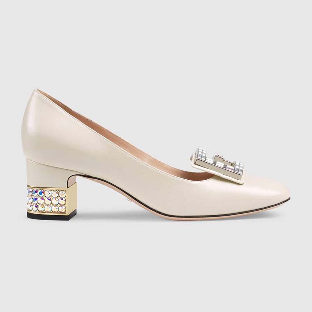 Gucci Women Shoe Leather Mid-Heel Pump with Crystal G 50mm Heel-White ...