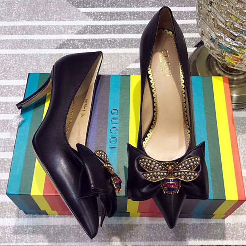 Gucci Women Leather Mid-Heel Pump with Bee Shoes Black - LULUX