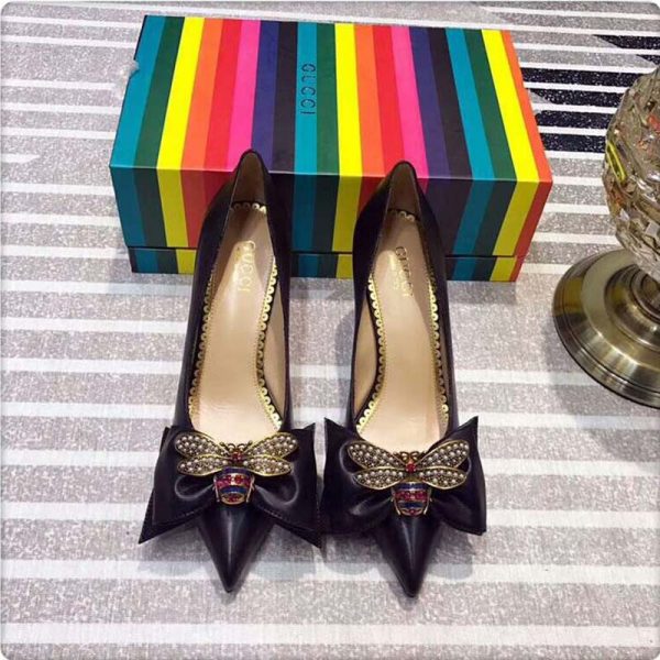 Gucci Women Shoes Leather Mid-Heel Pump with Bow 75mm Heel-Black - LULUX