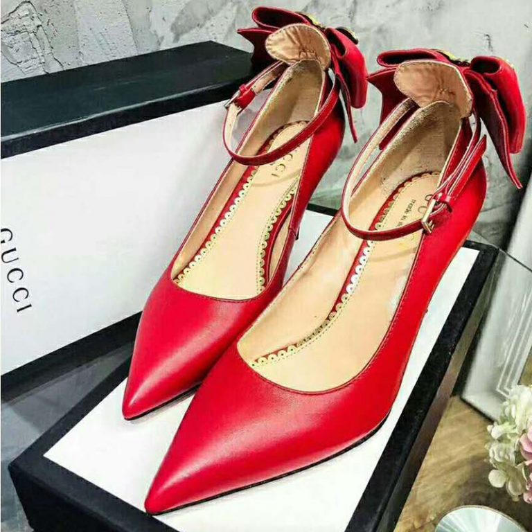 Gucci Women Shoes Leather Pump with Bow 85mm Heel-Red - LULUX