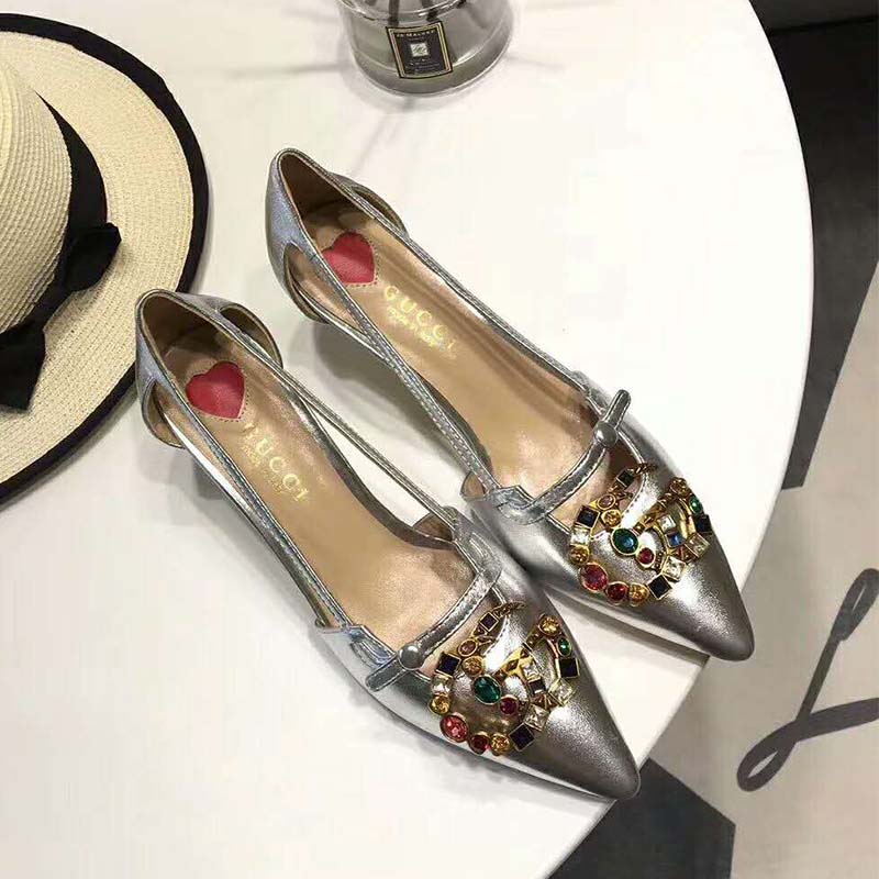 Gucci Women Shoes Metallic Leather Pump with Crystal Double G 50mm Heel ...