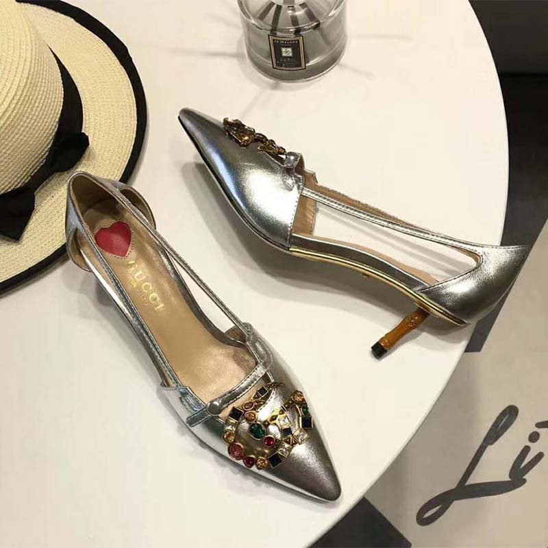 Gucci Women Shoes Metallic Leather Pump with Crystal Double G 50mm Heel ...