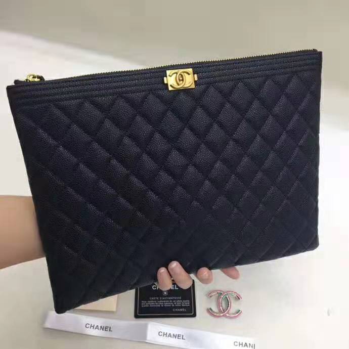 Chanel Unisex Boy Chanel Large Pouch in Lambskin LeatherBlack LULUX