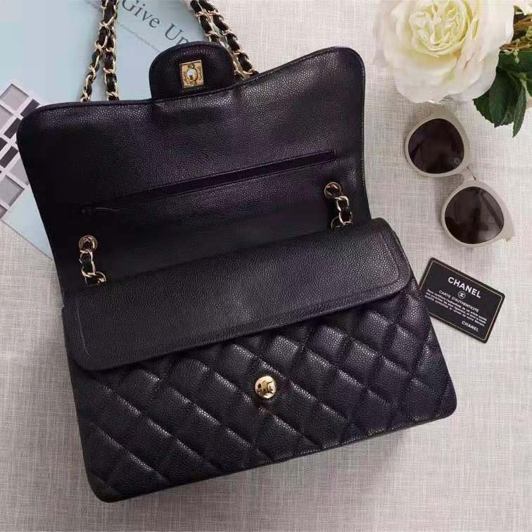 Chanel Women Large Classic Handbag in Grained Calfskin Leather-Black - LULUX