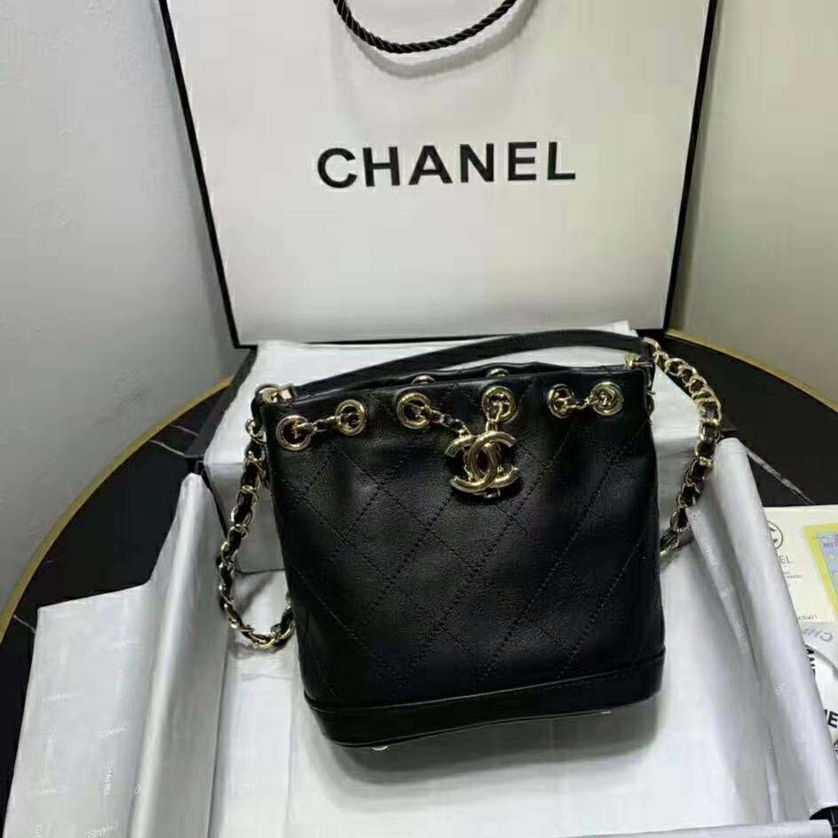 Chanel Women Small Drawstring Bag in Calfskin LeatherBlack LULUX