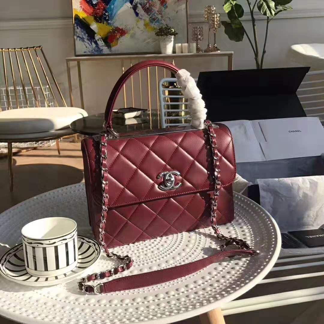Chanel Women Small Flap Bag with Top Handle in Lambskin Leather-Maroon ...