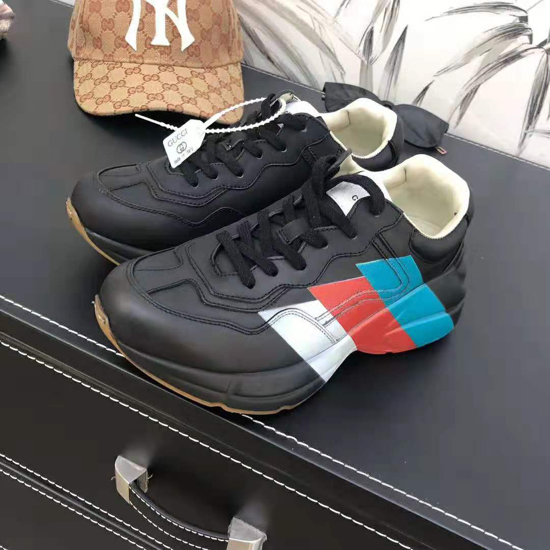 Gucci Men Rhyton Web Print Leather Sneaker in 5.1 cm Height-Black - LULUX