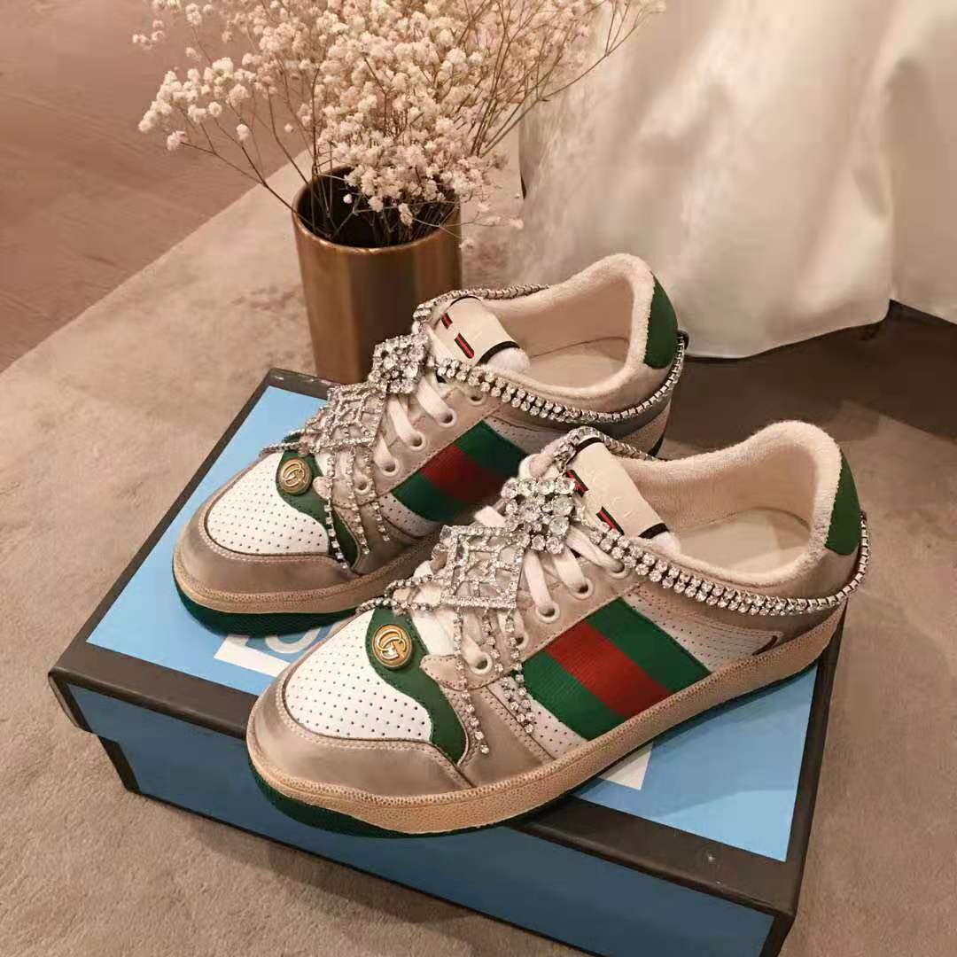 Gucci Women's Screener Sneaker with Crystals 3.6cm Height-Green - LULUX