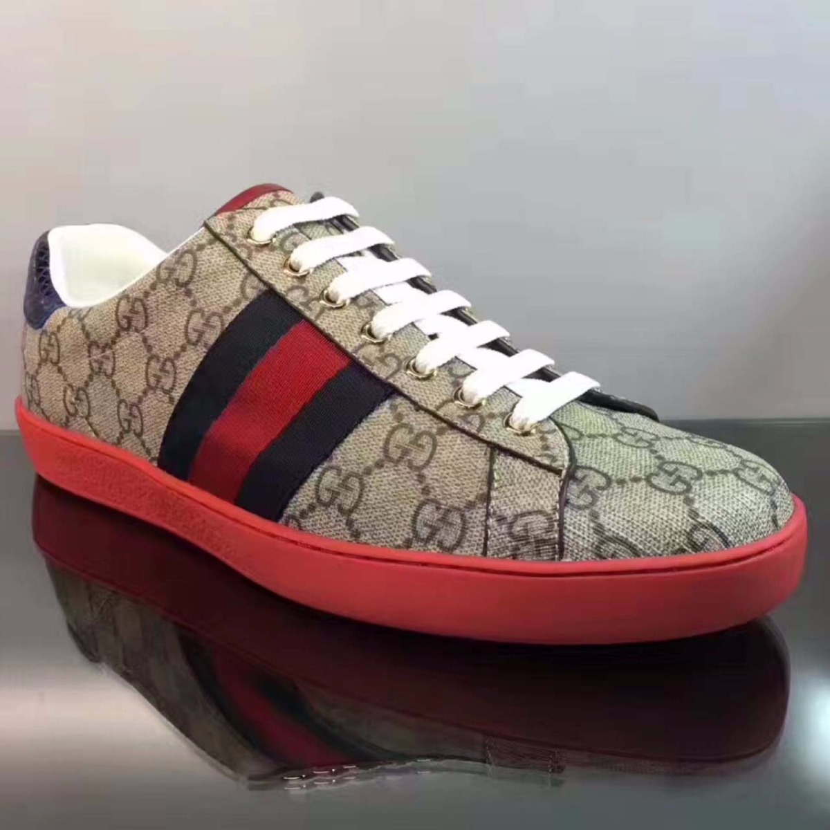 Gucci Men Ace GG Supreme Canvas Sneaker ShoesRed LULUX