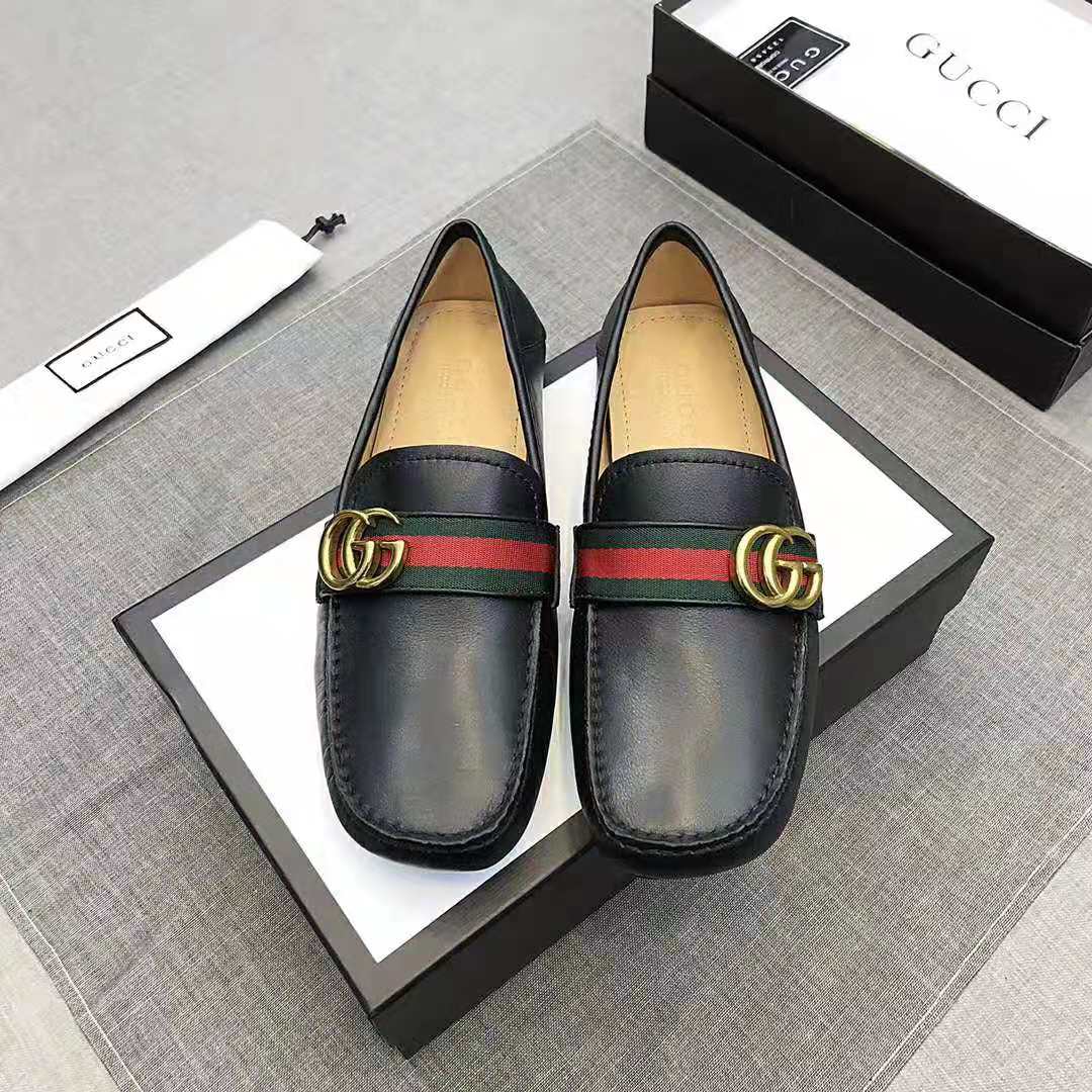Gucci Men Leather Driver with Web-Black - LULUX