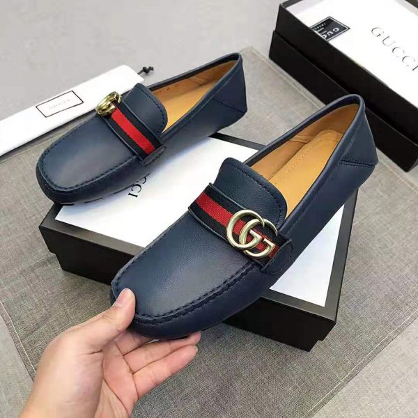 Gucci Men Leather Driver with Web-Navy - LULUX