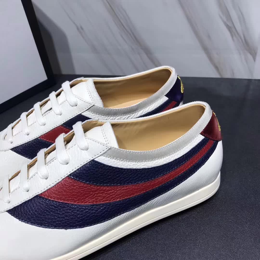 Gucci Men Leather Low-Top Sneaker Shoes with Web Stripe-White - LULUX