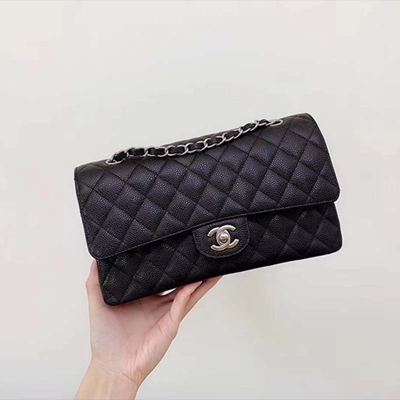 Chanel Women CF Flap Bag in Diamond Pattern Calfskin Leather-Black - LULUX