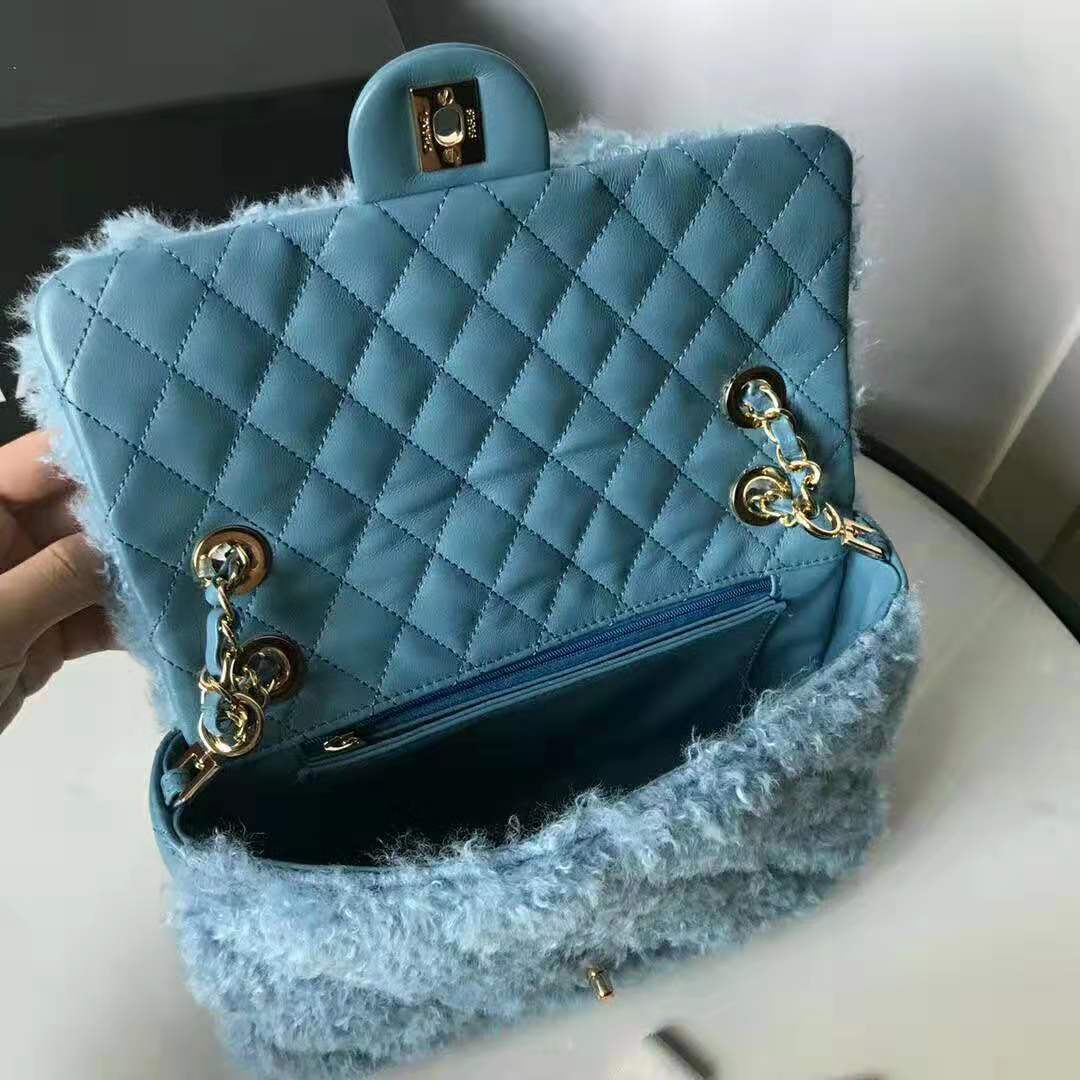 Chanel Women Flap Bag in Shearling Lambskin Leather-Blue - LULUX