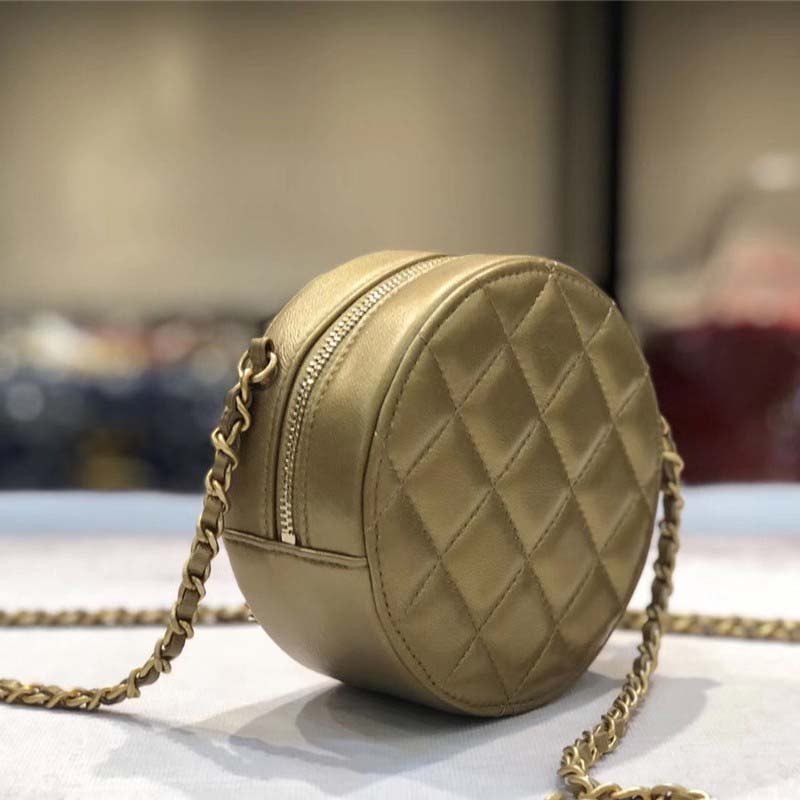 Chanel Women Gabrielle Badge Small Round Crossbody Shoulder Bag in Calfskin Leather-Gold - LULUX