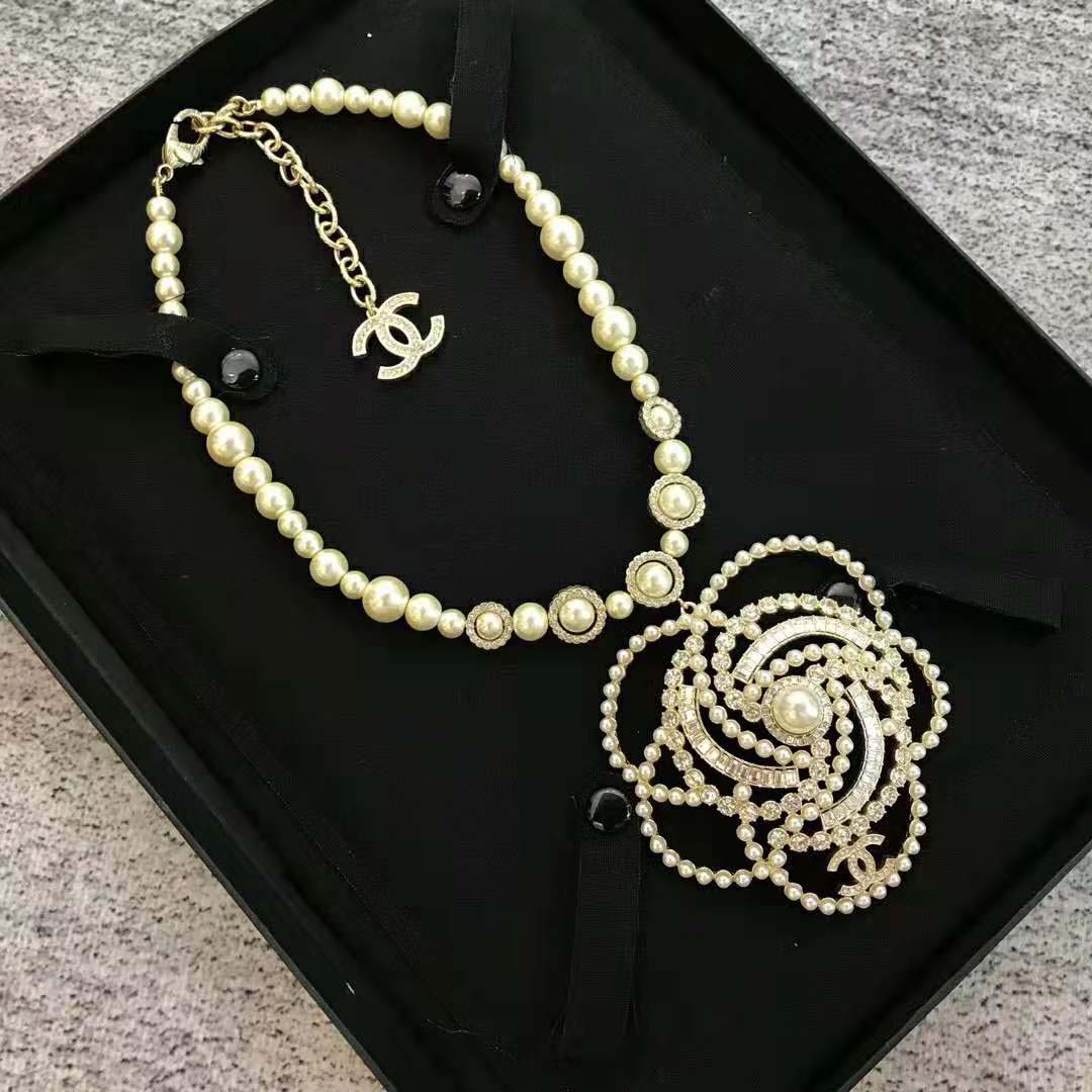 Chanel Women Long Necklace In Metal Glass Pearls & Diamantés-white - Lulux