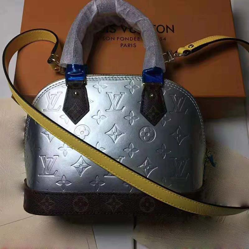 Louis Vuitton LV Women Alma BB Handbag in Metallic Monogram Vernis Patent Leather-Silver - LULUX