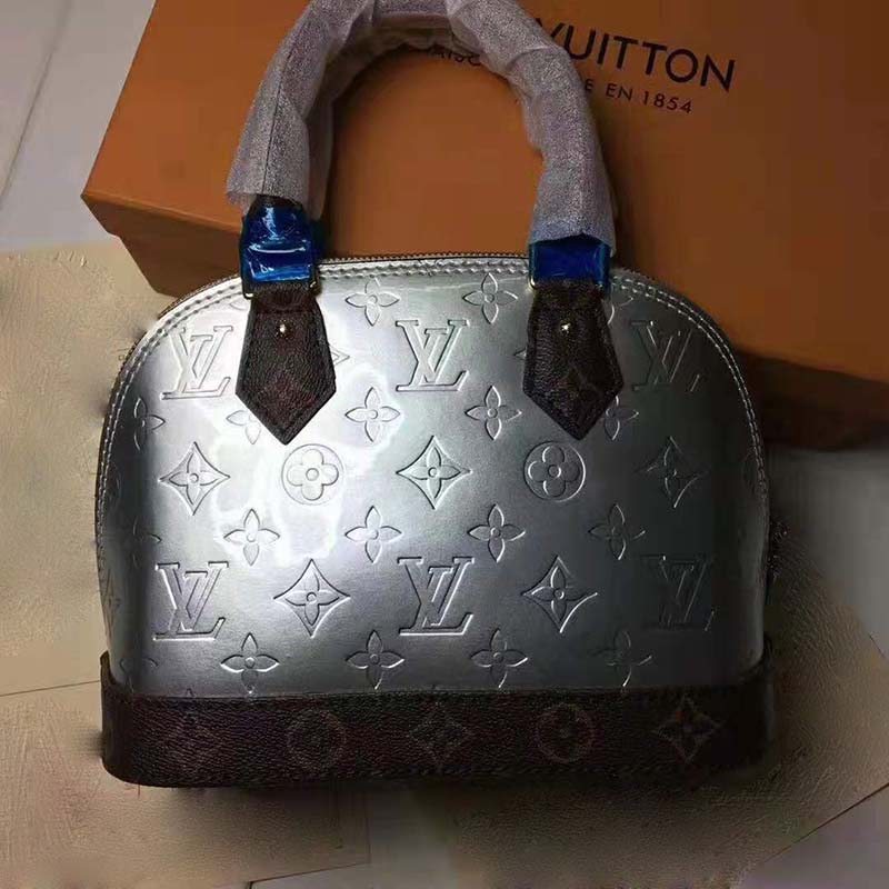 Louis Vuitton LV Women Alma BB Handbag in Metallic Monogram Vernis Patent Leather-Silver - LULUX