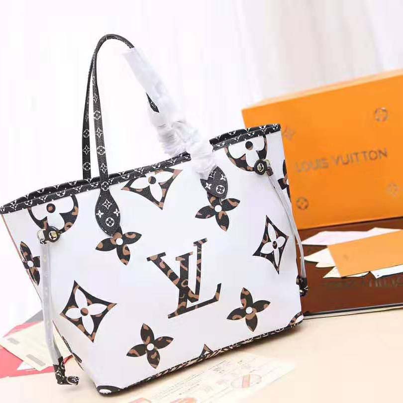 Louis Vuitton LV Women Neverfull MM Tote Bag in Monogram Canvas-White - LULUX