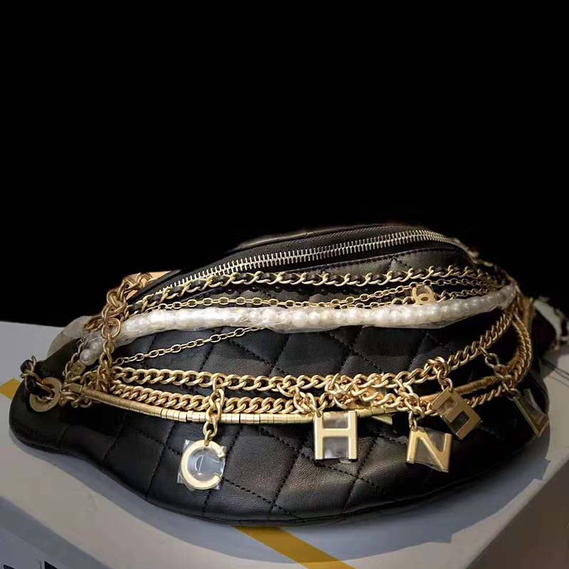 Chanel Women Waist Bag in Lambskin Silver & GoldTone MetalBlack LULUX
