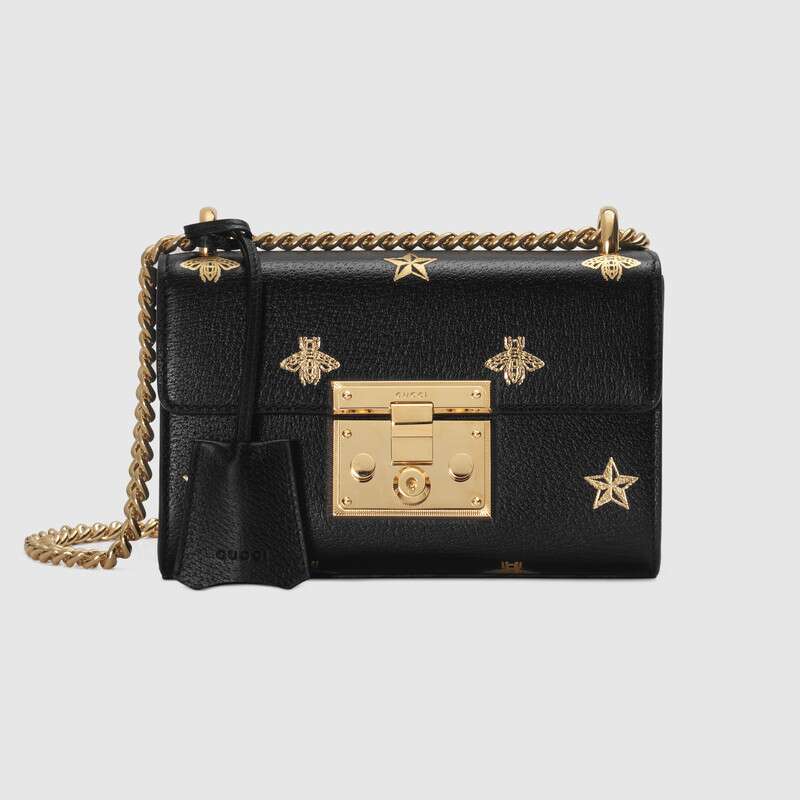 Gucci GG Women Padlock Bee Star Small Shoulder Bag in Leather with Gold Bees and Stars Print - LULUX