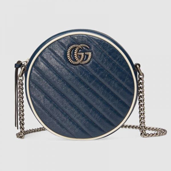 krijgen sjaal Speciaal Gucci GG Women GG Marmont Mini Round Shoulder Bag in Blue Diagonal Matelassé  Leather - LULUX