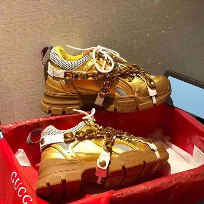 Gucci Unisex Flashtrek Sneaker in Gold Metallic Leather 5