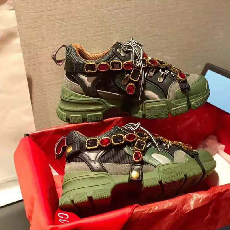 Gucci Unisex Flashtrek Sneaker in Green and Black Leather 5.6 cm Heel ...