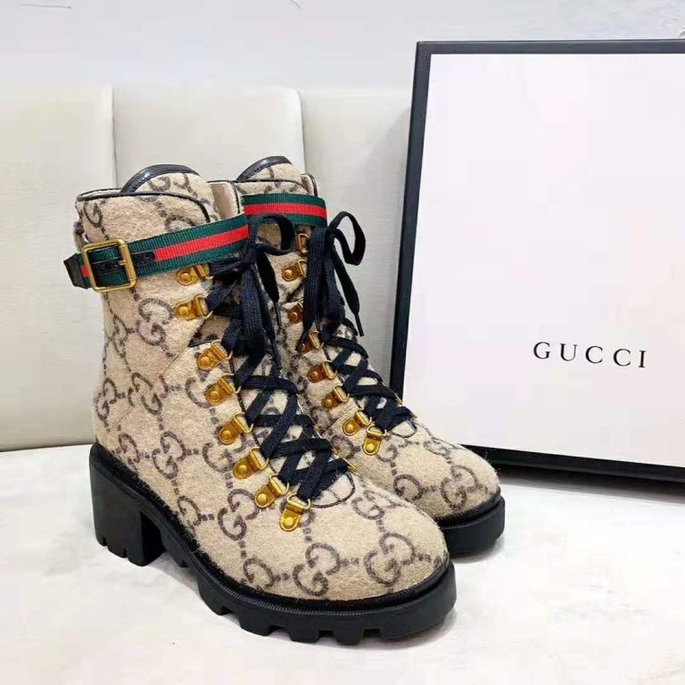 Gucci Women Gucci Zumi GG Wool Ankle Boot in Beige and Ebony GG Wool ...