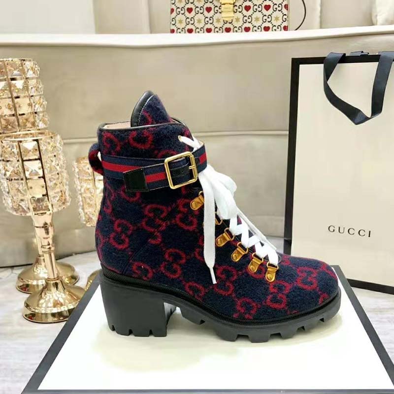 Gucci Women Gucci Zumi GG Wool Ankle Boot in Blue and Red GG Wool - LULUX
