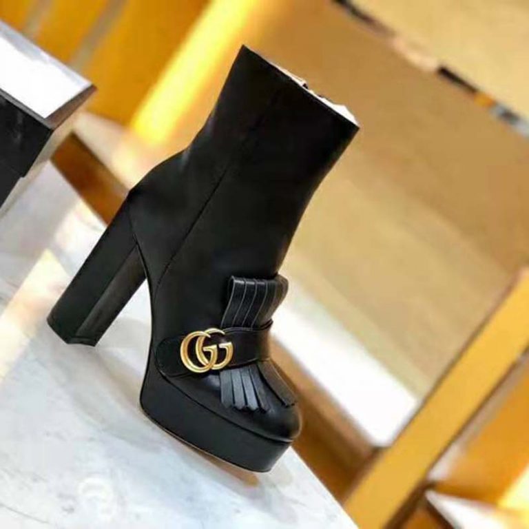 Gucci Women Leather Ankle Boot with Fringe Double G Hardware-Black - LULUX