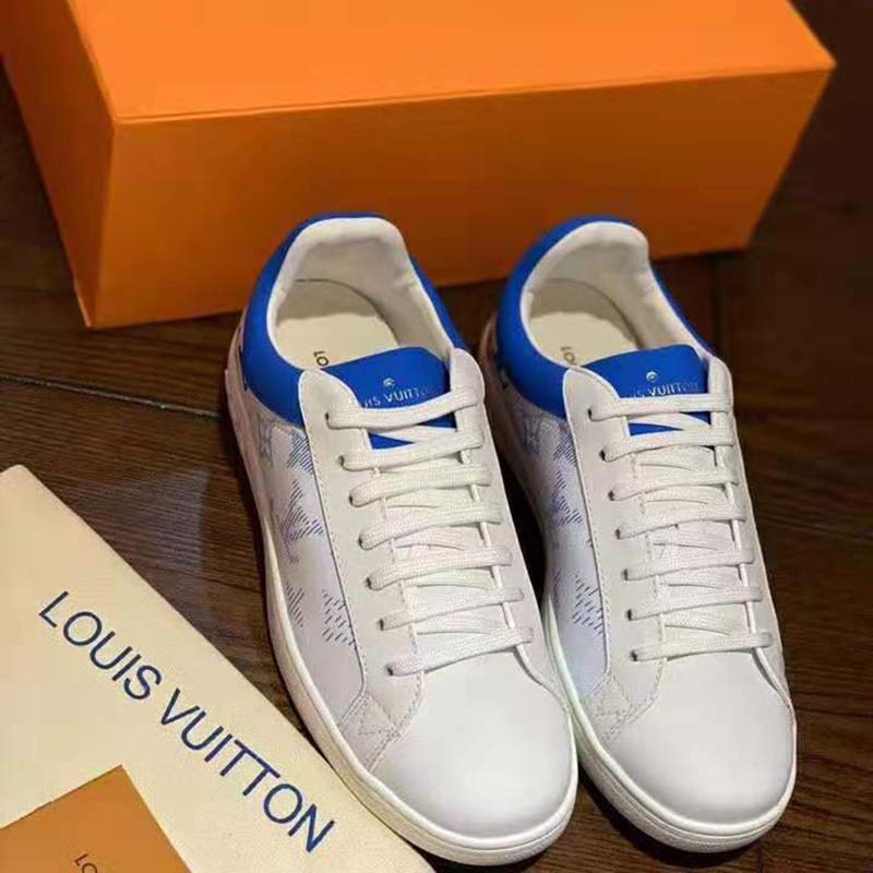 Louis Vuitton LV Unisex Luxembourg Sneaker in White Grained Calf Leather-Blue - LULUX