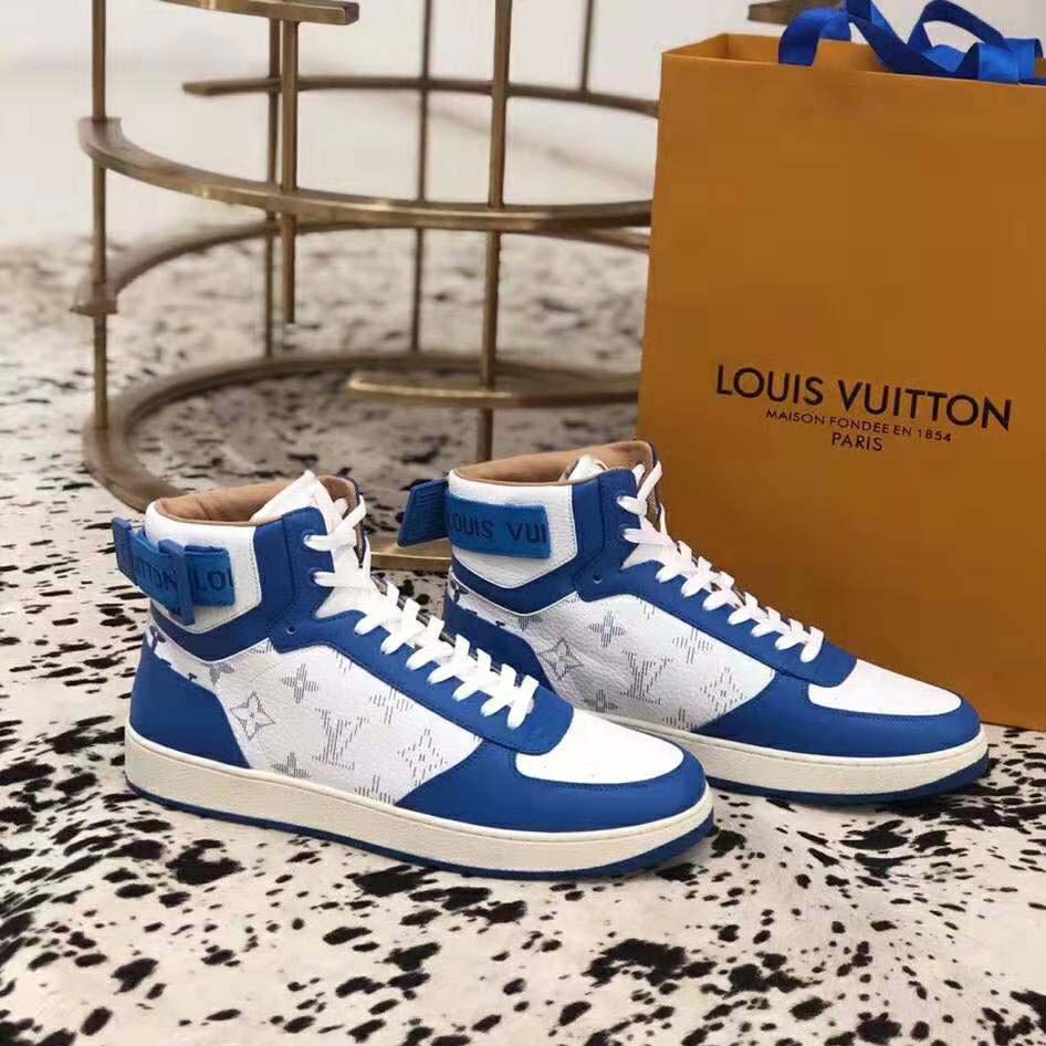 Louis Vuitton Lv Unisex Rivoli Sneaker Boot In Monogram Grained Calf Leather Blue Lulux