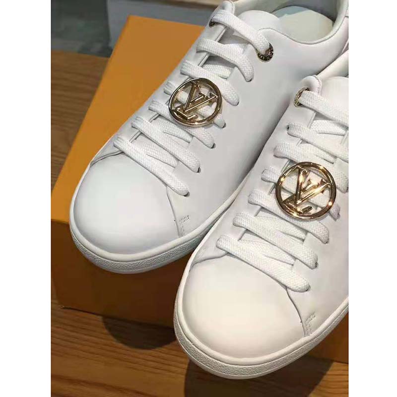Louis Vuitton LV Women Frontrow Sneaker Gold-Tone LV Circle in White Calf Leather and Rubber - LULUX