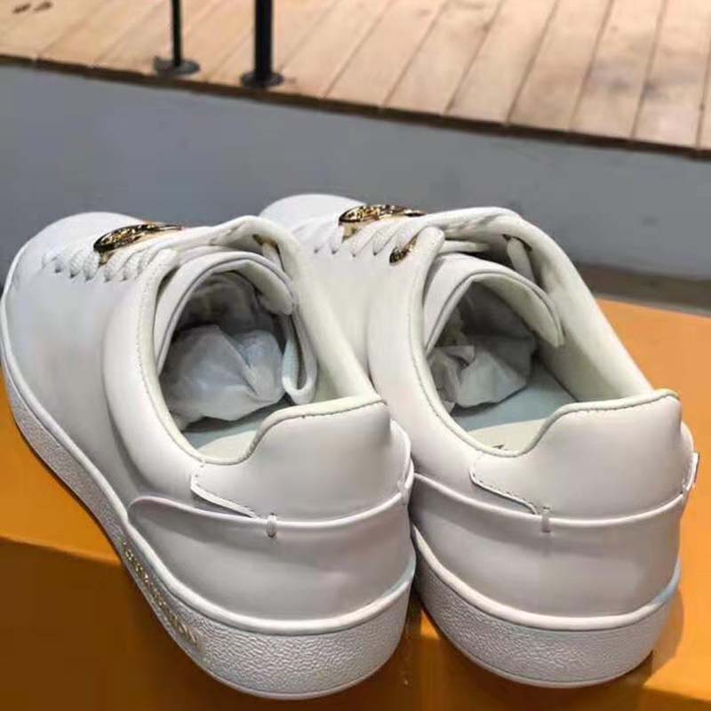 Louis Vuitton LV Women Frontrow Sneaker Gold-Tone LV Circle in White Calf Leather and Rubber - LULUX