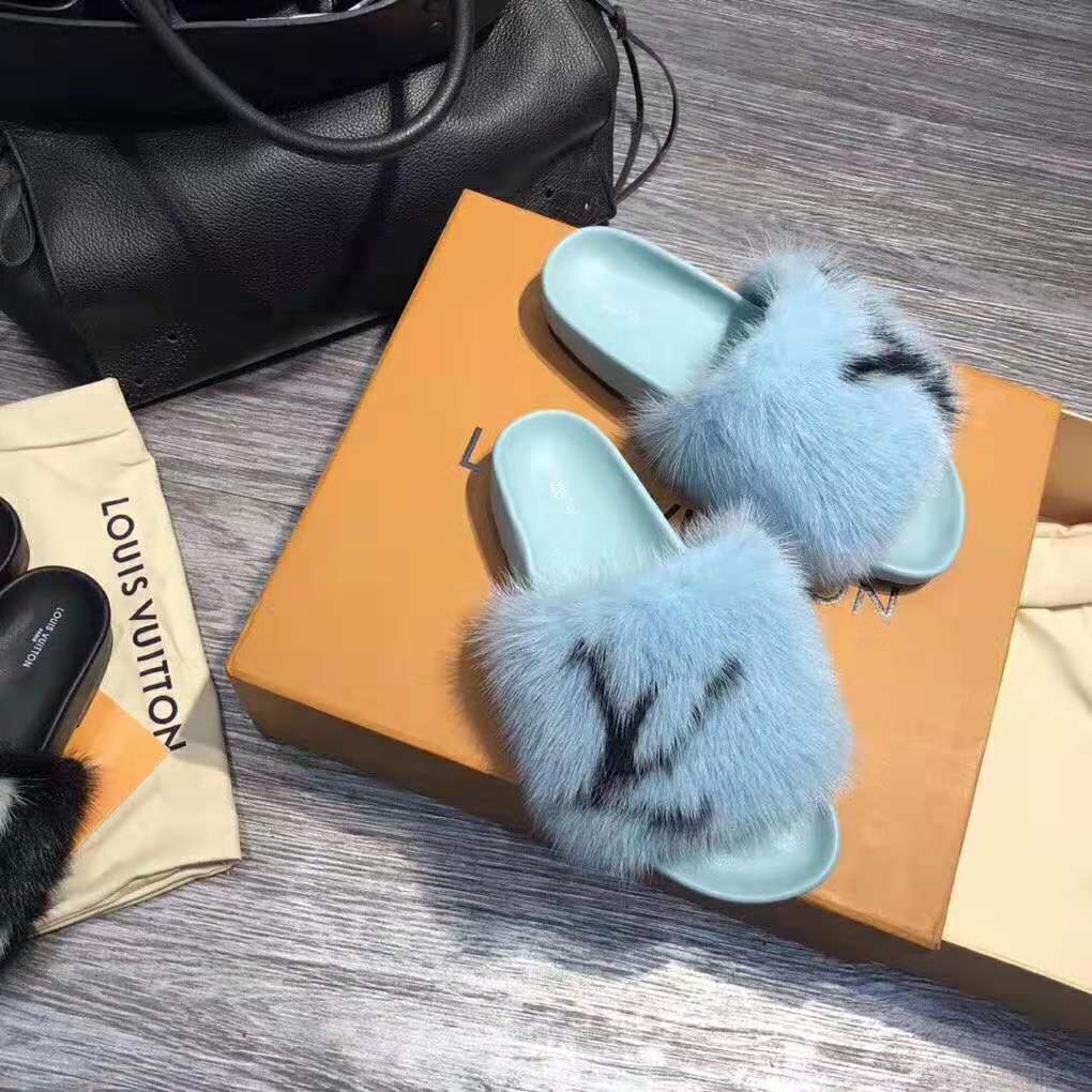 Louis Vuitton LV Women Furry Sandals in Mink Hair Leather-Blue - LULUX