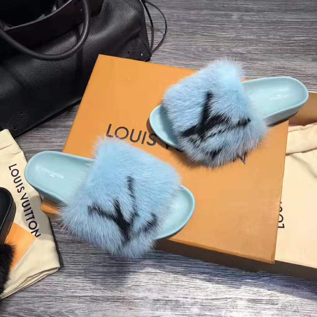 Louis Vuitton LV Women Furry Sandals in Mink Hair Leather-Blue - LULUX