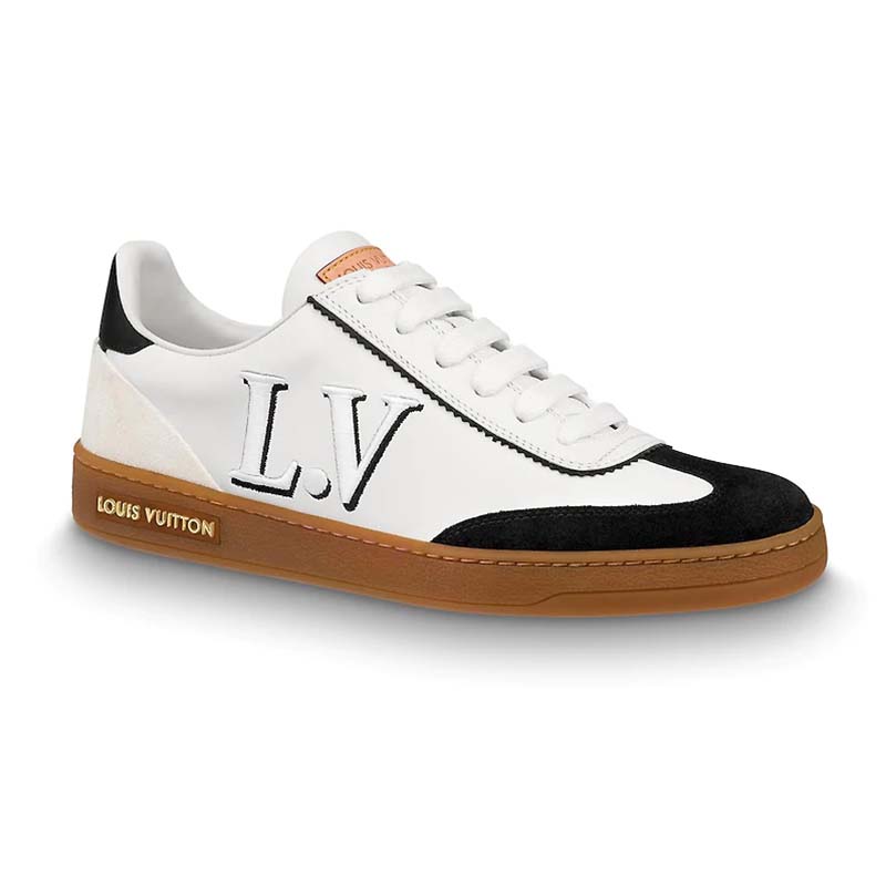 LOUIS VUITTON Front Row brown LV monogram gold stud white leather sneaker  EU36