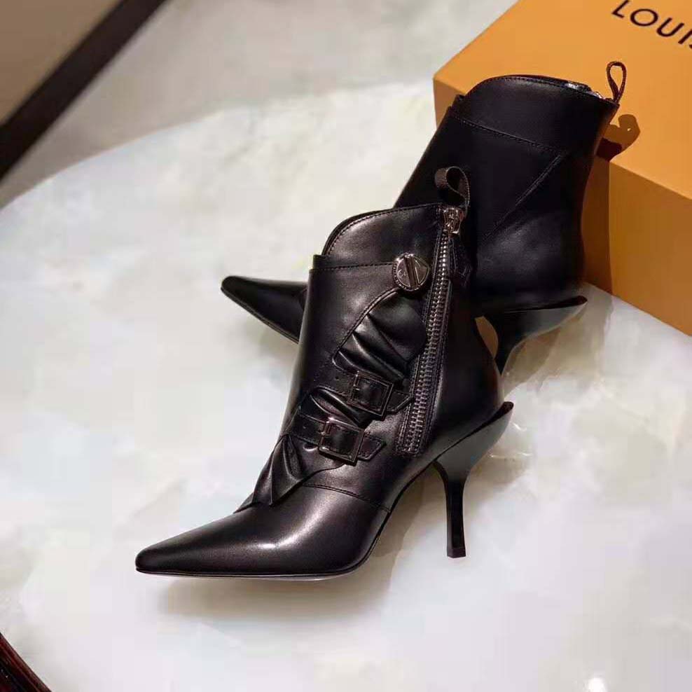 Louis Vuitton LV Women LV Janet Ankle Boot in Black Glazed Calf Leather 9.5 cm Heel - LULUX