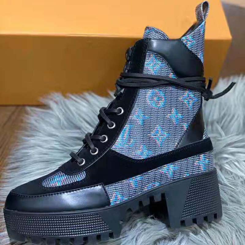 Louis Vuitton LV Women Laureate Platform Desert Boot in Calf Leather with Monogram Canvas-Blue ...