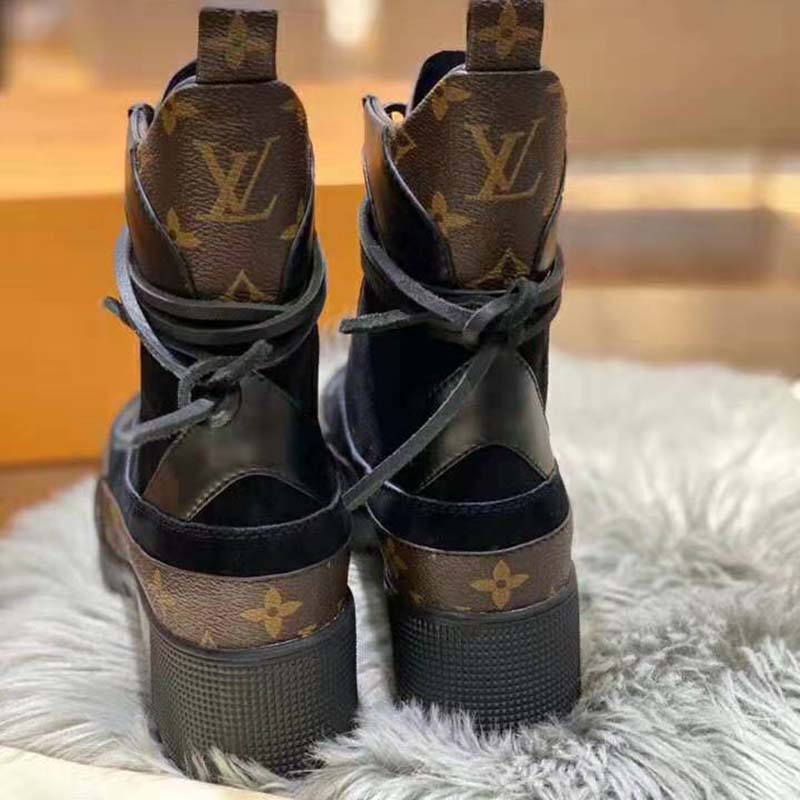 Louis Vuitton Women's Laureate Lace Up Half Boots Suede with Monogram  Canvas and Leather Black 19900352