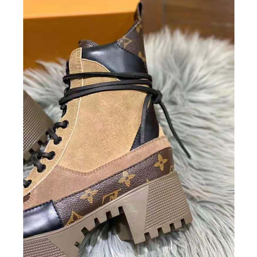 Louis Vuitton Women's Laureate Platform Desert Boots Suede with Monogram  Canvas and Crocodile Brown 2068571