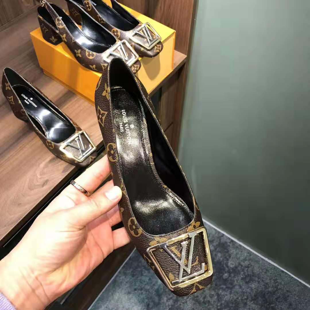 Louis Vuitton Brown Monogram Madeleine Block Heel Pumps Leather