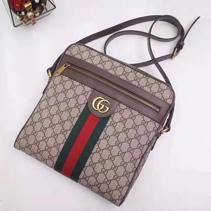 Gucci GG Men Ophidia GG Small Messenger Bag in Beige/Ebony Soft GG Supreme Canvas - LULUX