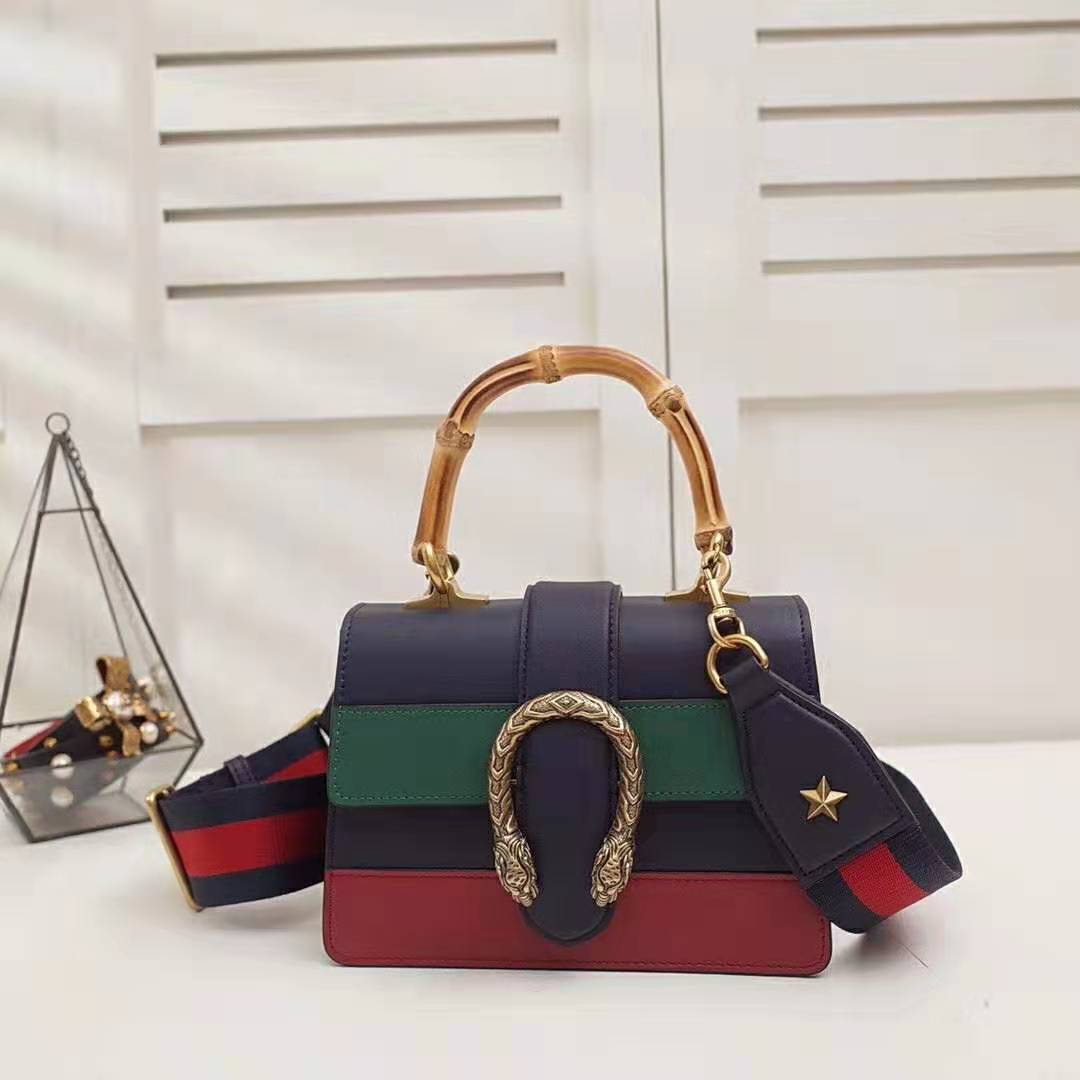 Gucci GG Women Dionysus Medium Top Handle Bag in Blue Gucci Green and Hibiscus Red Leather - LULUX